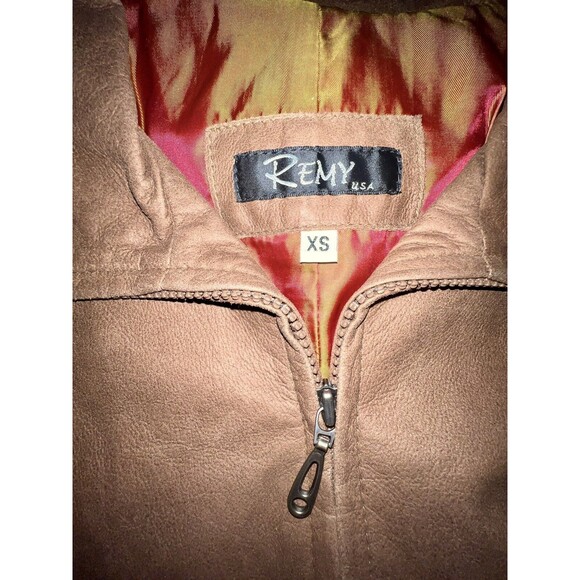REMY LITE Brown Leather Coat Full Zip Crop Women's Jacket Excellent Condition XS - Picture 3 of 7